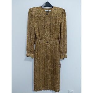 Leslie Fay Midi Dress 12 Sheer Leopard Pleated Satin Modest Boardroom Geek NOS